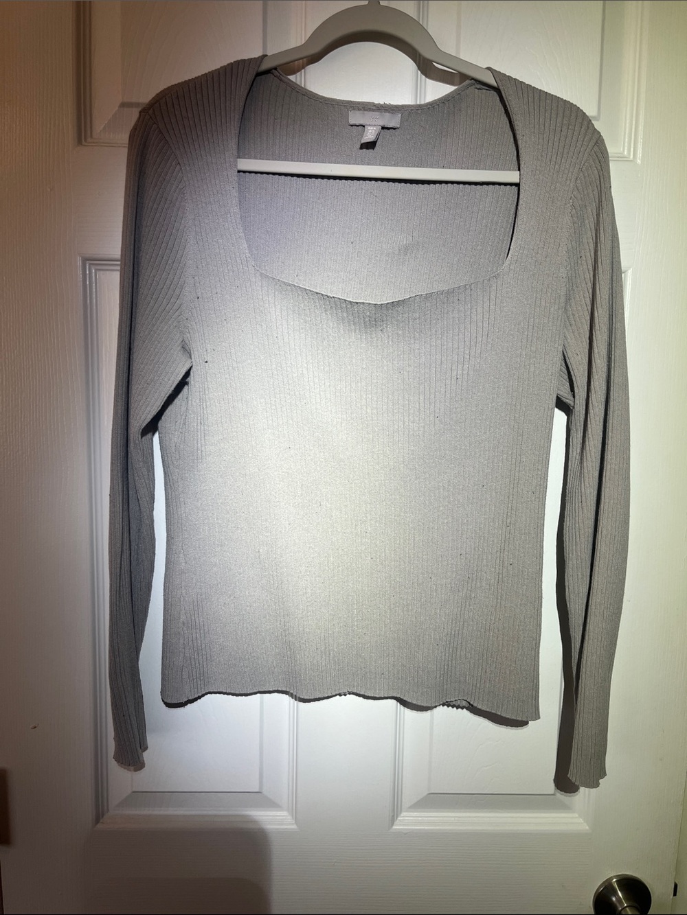 H & M Square-Neck Ribbed Long-Sleeve Top - Light Gray